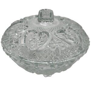 Vintage KIG Malaysia Depression Glass Candy Nut Dish Lid Rose & Heart Design